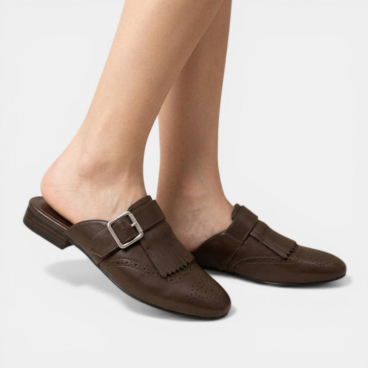 Mules Mujer Piel Marrón Flecos