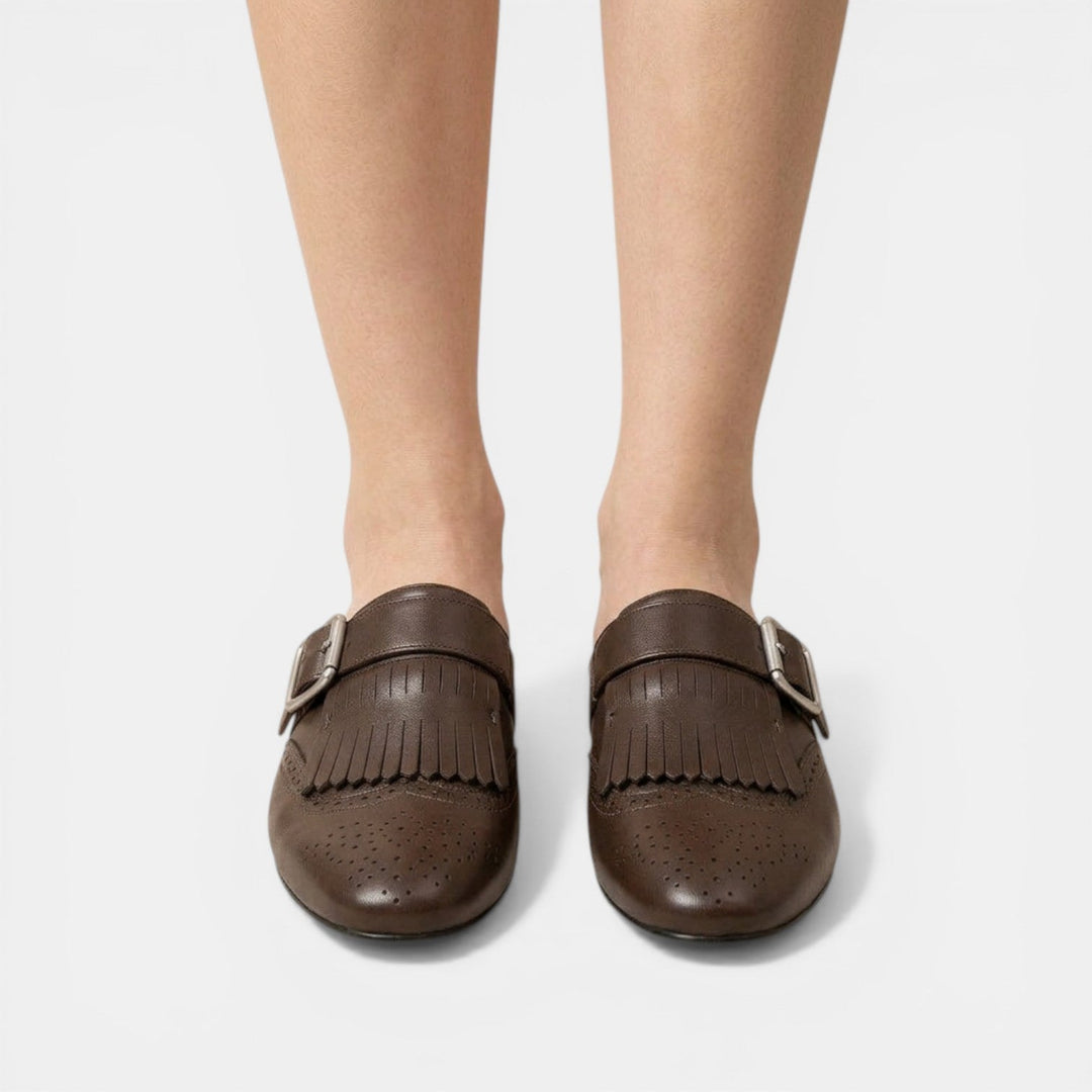Mules Mujer Piel Marrón Flecos