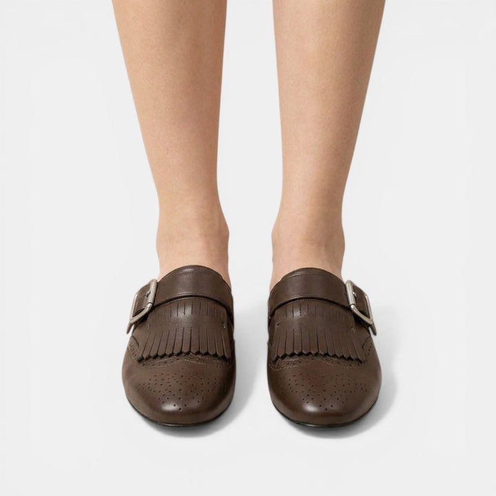Mules Mujer Piel Marrón Flecos