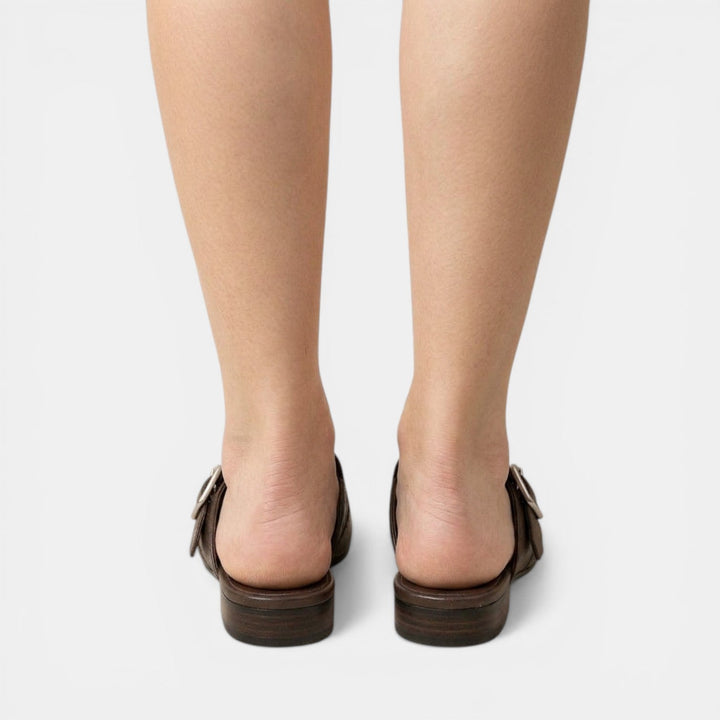 Mules Mujer Piel Marrón Flecos