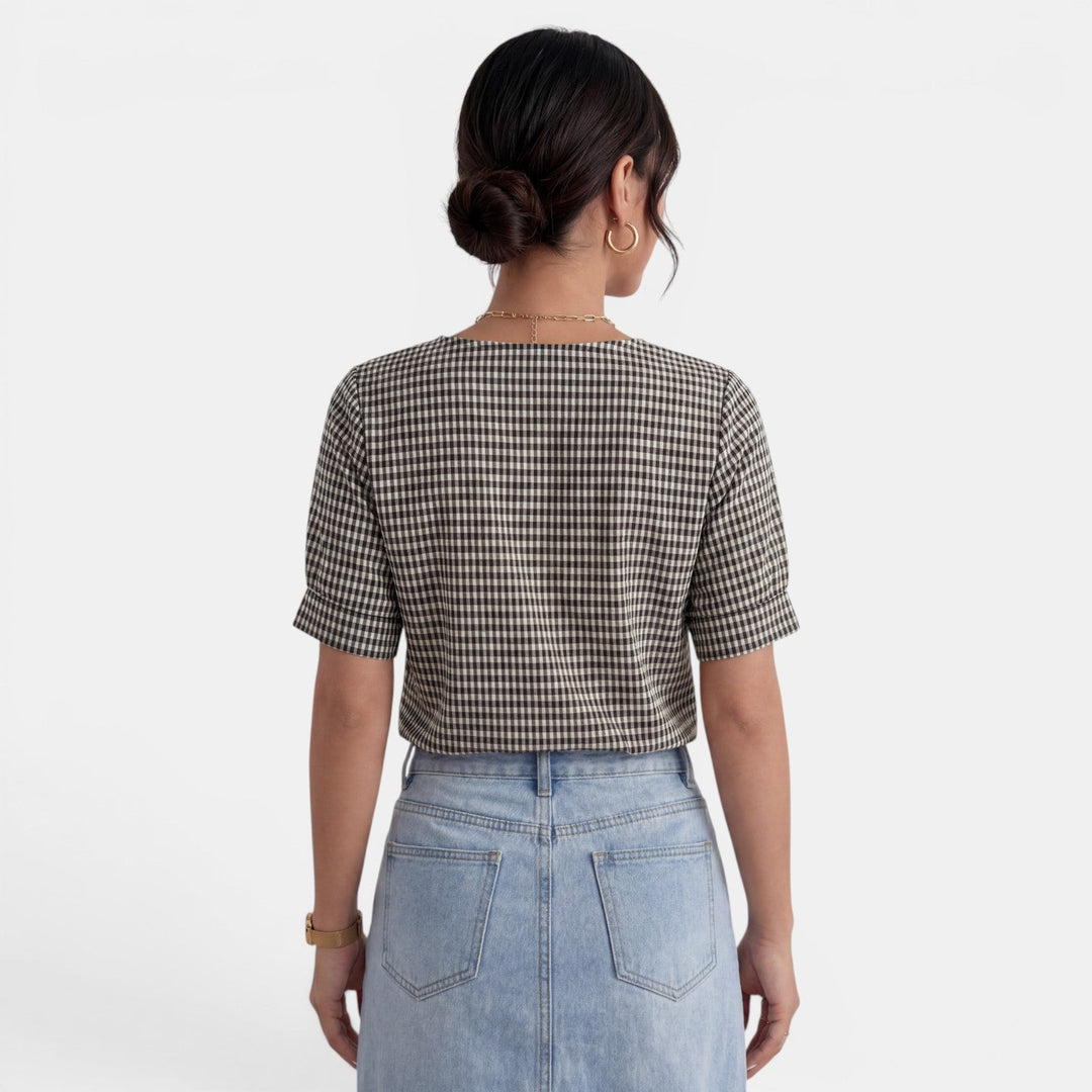 Blusa Mujer Cuadros Cuello V