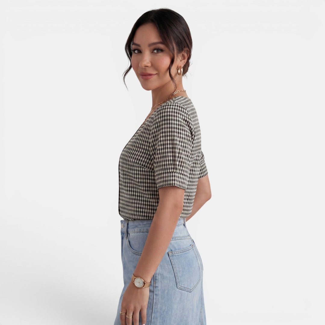 Blusa Mujer Cuadros Cuello V