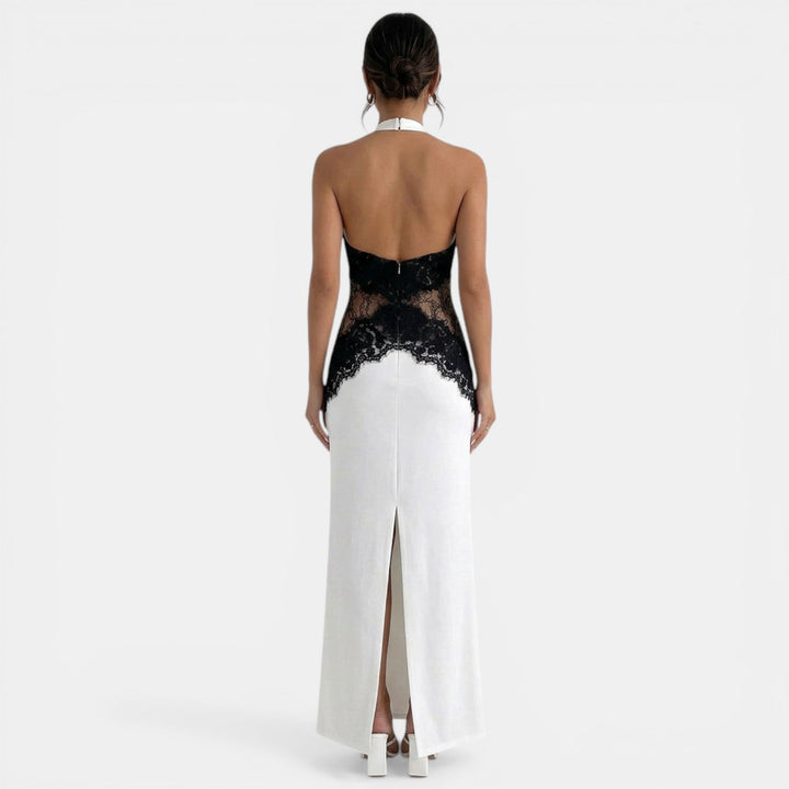 Vestido Maxi Halter Blanco y Negro