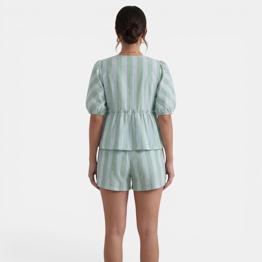 Conjunto Mujer Blusa Rayas con Lazo y Manga Farol