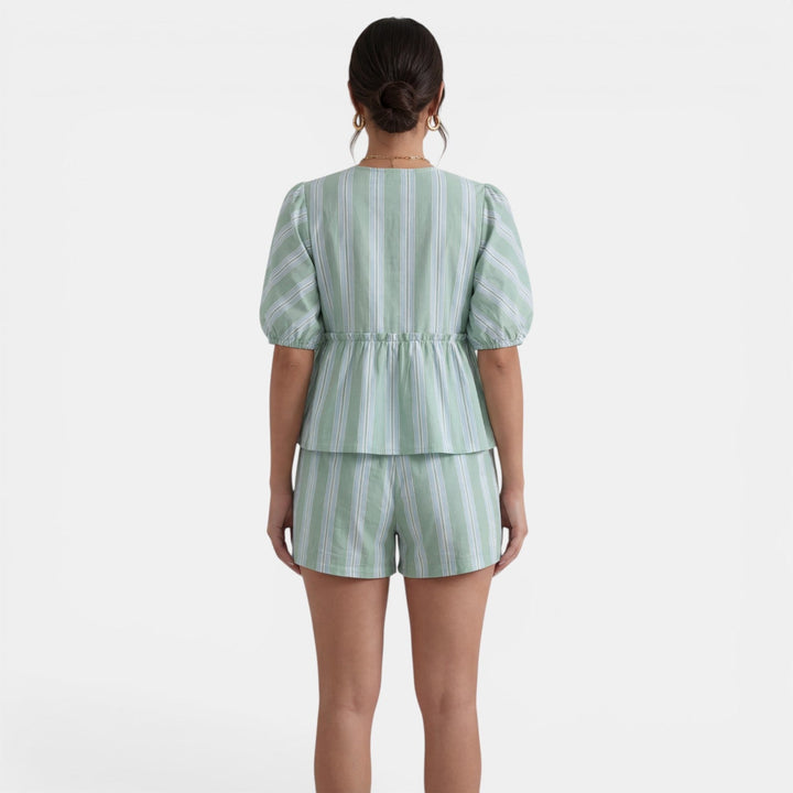 Conjunto Mujer Blusa Rayas con Lazo y Manga Farol