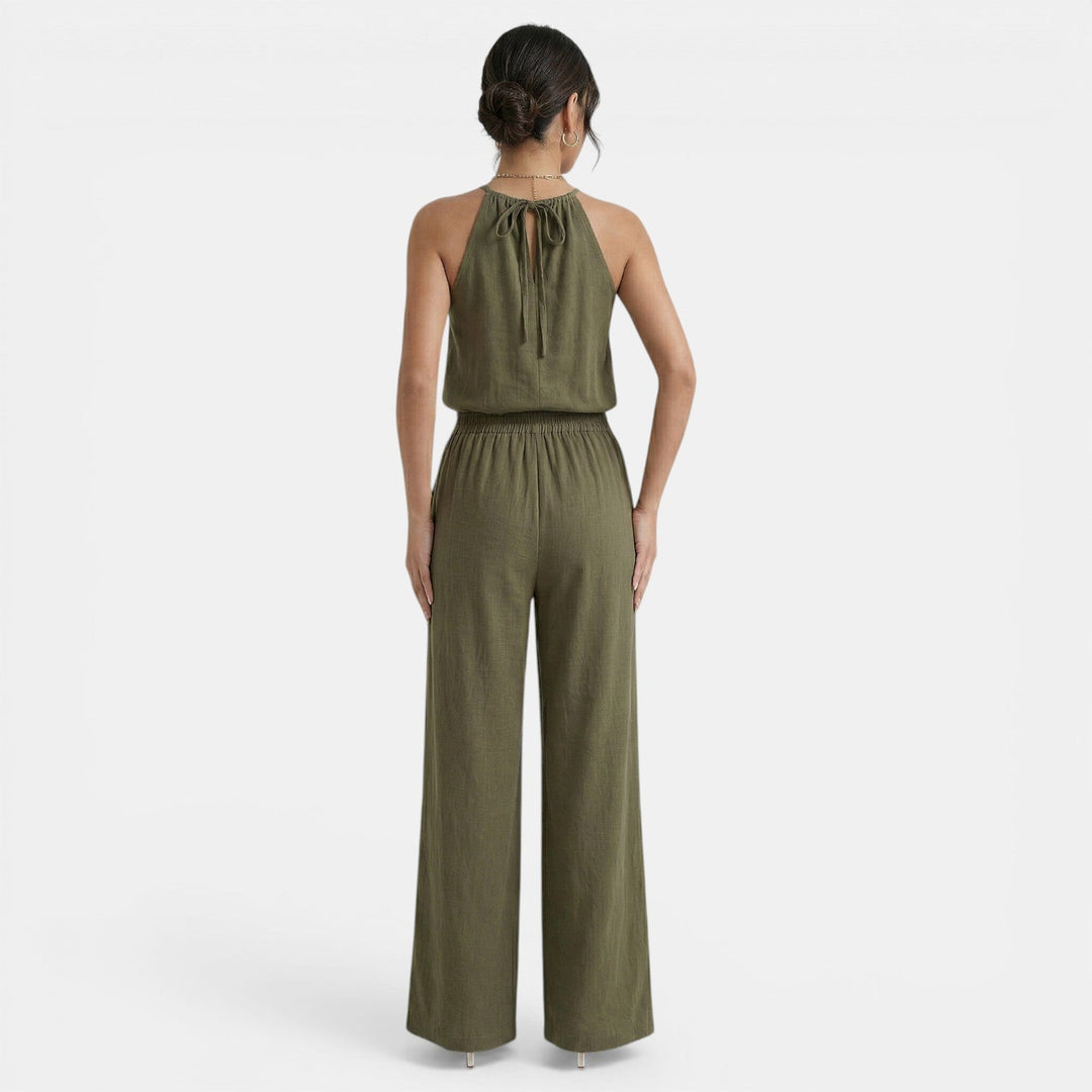 Conjunto Mujer Halter Calado de Lino y Pantalón Ancho