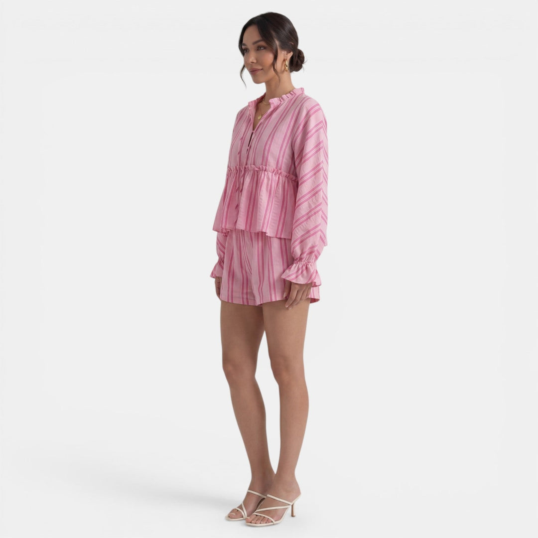 Conjunto Mujer Blusa Rayas con Lazo y Manga Farol