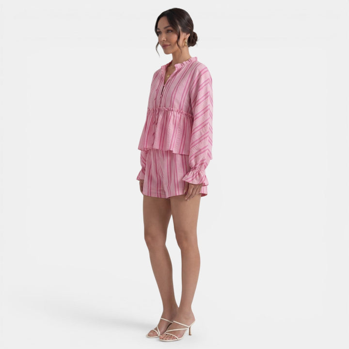 Conjunto Mujer Blusa Rayas con Lazo y Manga Farol