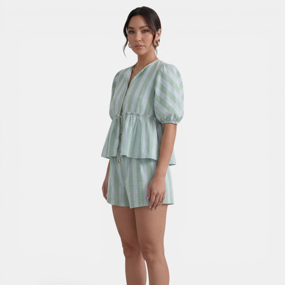 Conjunto Mujer Blusa Rayas con Lazo y Manga Farol