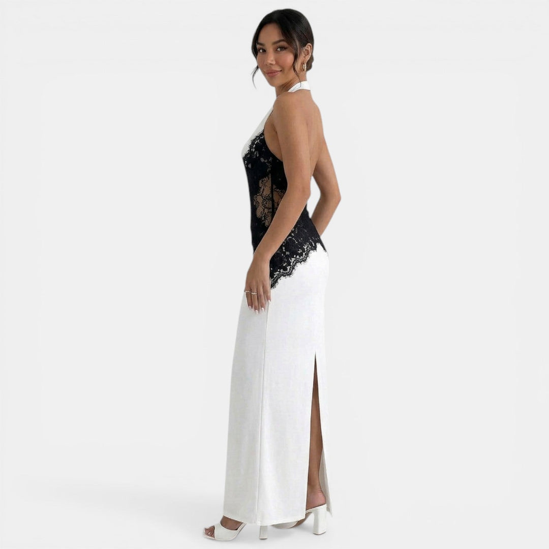 Vestido Maxi Halter Blanco y Negro