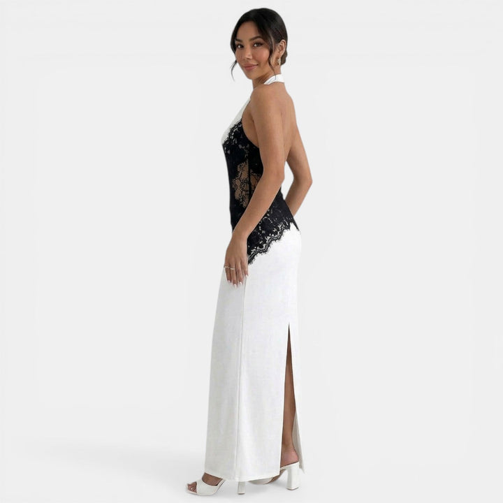 Vestido Maxi Halter Blanco y Negro