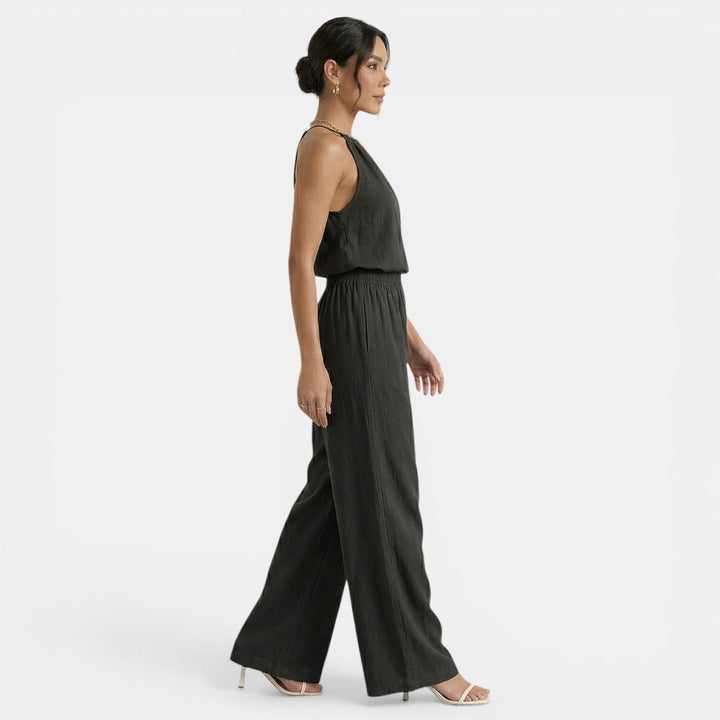 Conjunto Mujer Halter Calado de Lino y Pantalón Ancho
