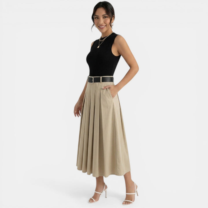 Vestido Midi Plisado Negro y Marrón