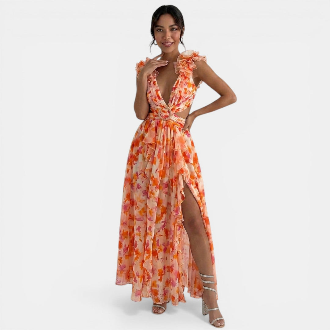 Vestido Floral Maxi Escote V Volantes