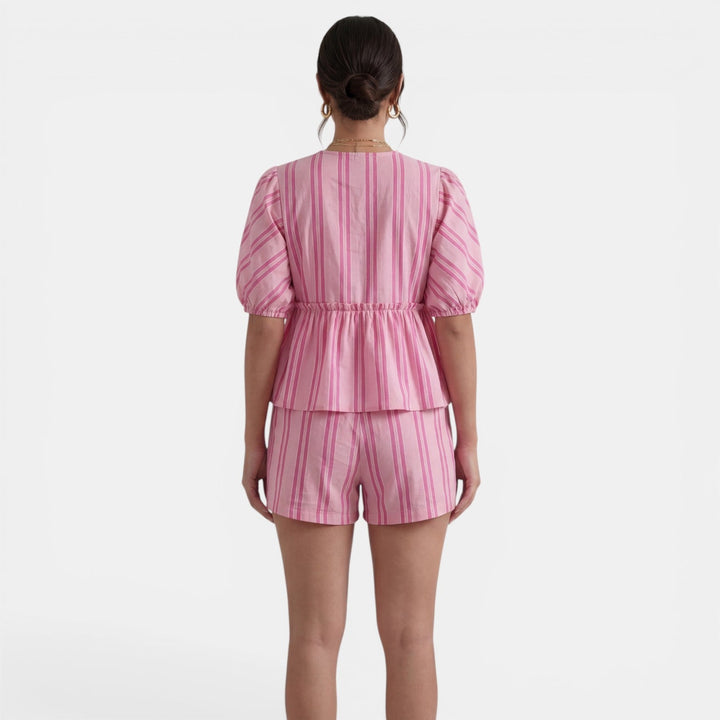 Conjunto Mujer Blusa Rayas con Lazo y Manga Farol