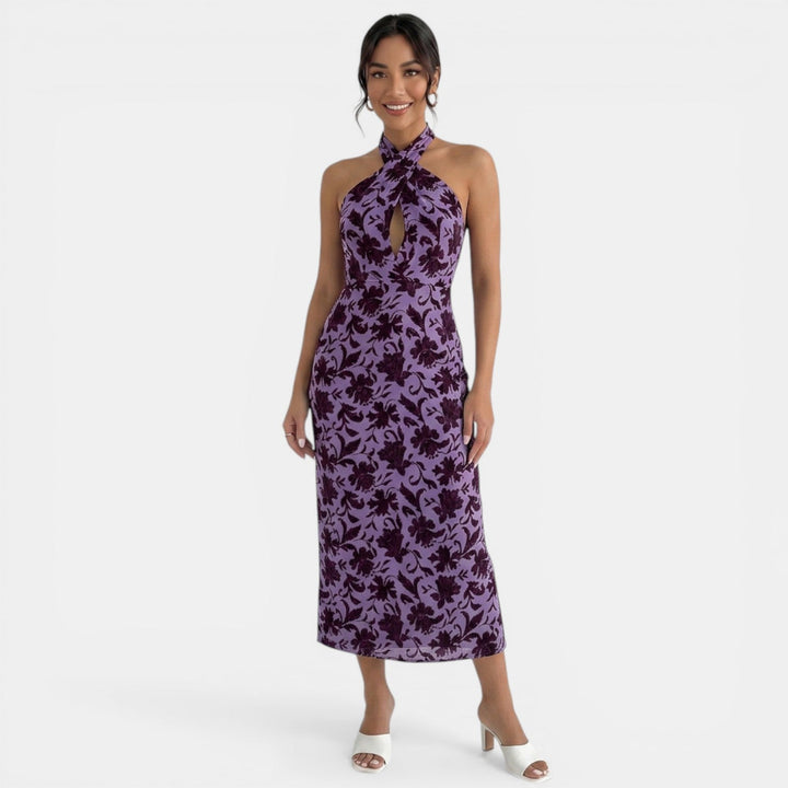 Vestido Midi Floral Violeta Halter Elegante