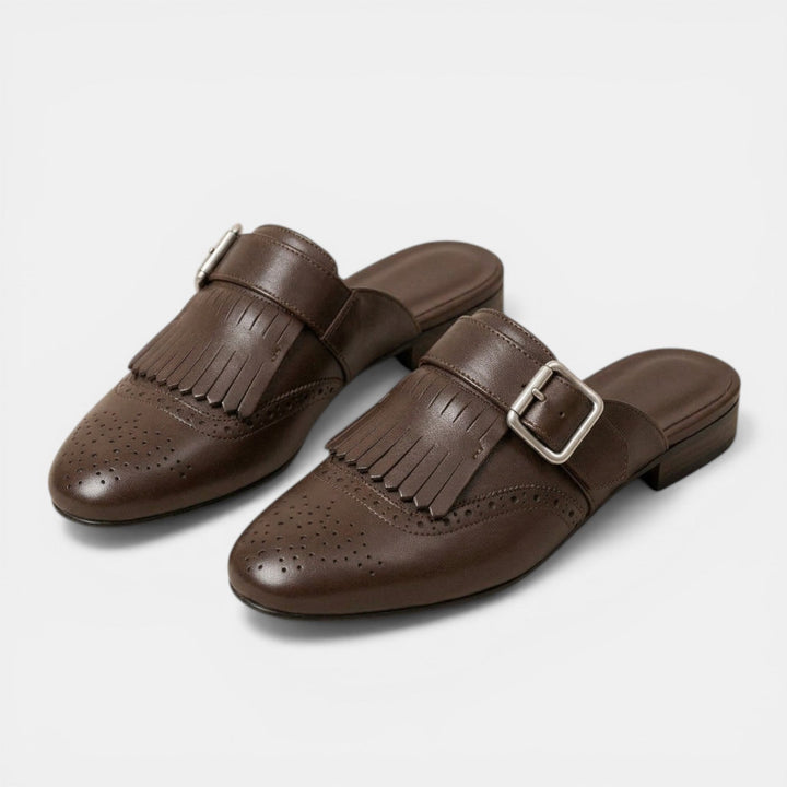 Mules Mujer Piel Marrón Flecos
