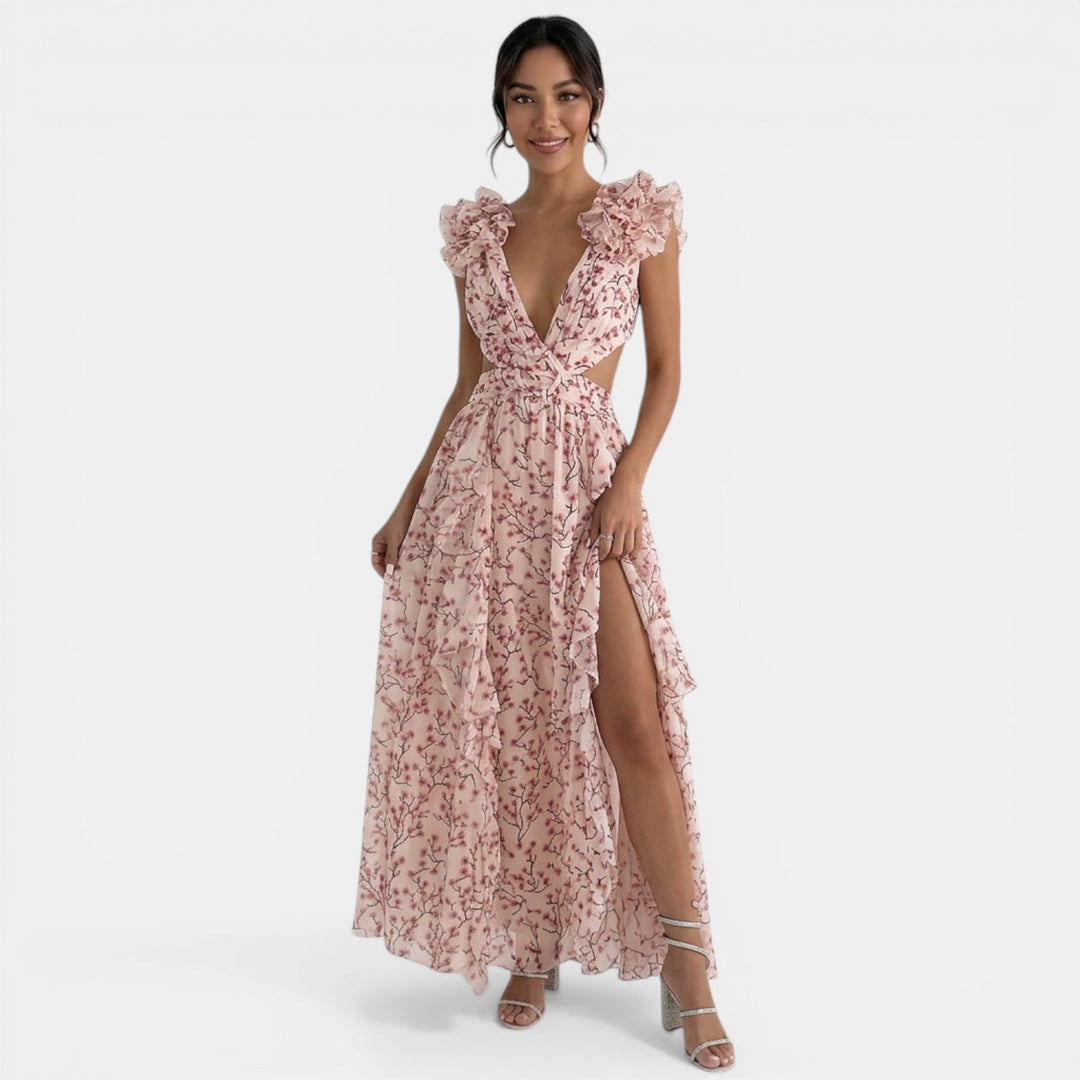 Vestido Floral Maxi Escote V Volantes