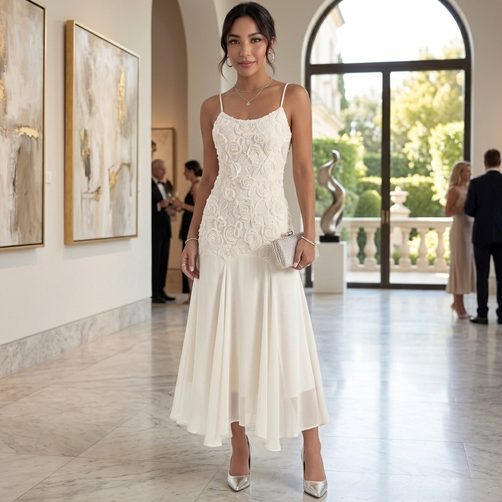 Vestido Beige Bordado Mujer