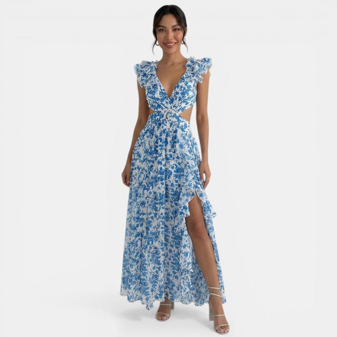 Vestido Floral Maxi Escote V Volantes