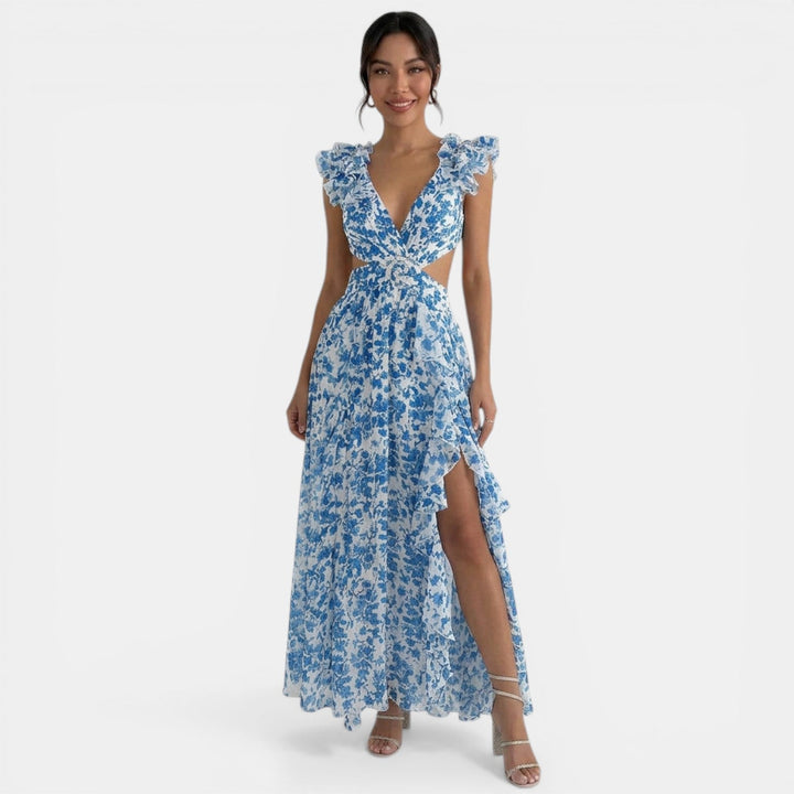 Vestido Floral Maxi Escote V Volantes