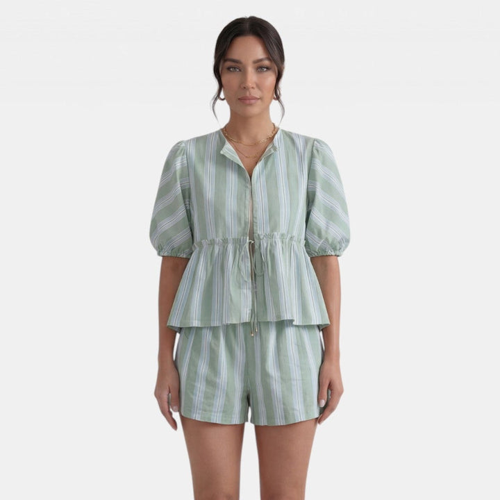 Conjunto Mujer Blusa Rayas con Lazo y Manga Farol