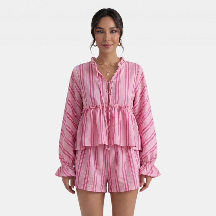 Conjunto Mujer Blusa Rayas con Lazo y Manga Farol