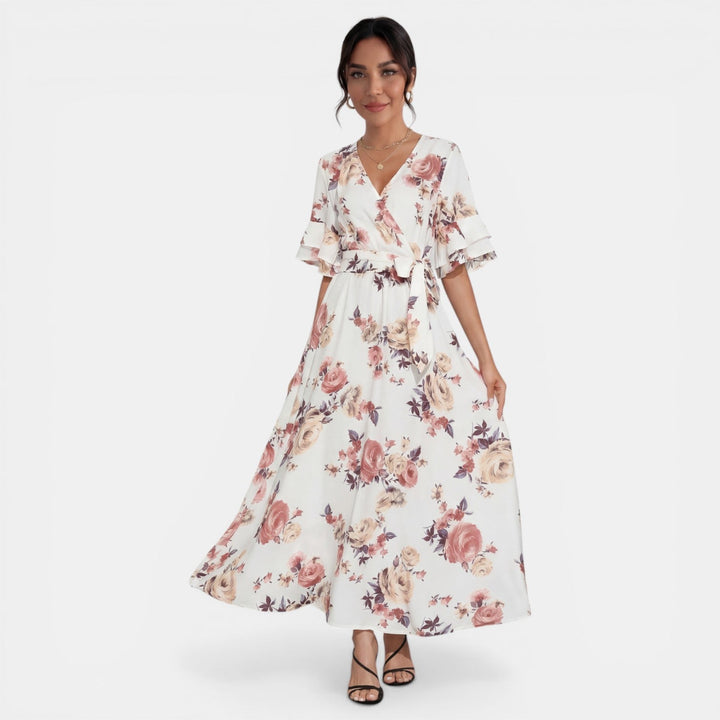 Vestido Midi Blanco Floral Mujer Cuello V