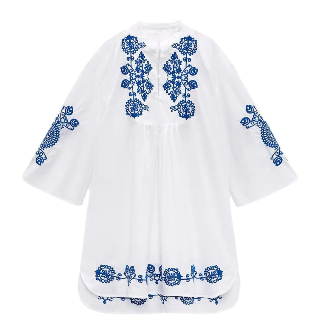 Vestido corto para mujer de algodón bordado estilo étnico corte holgado - Irati