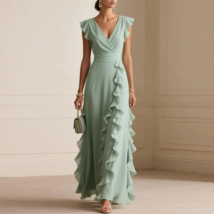 Vestido mujer largo escote V volantes elegante estilo fiesta verano - Isolda