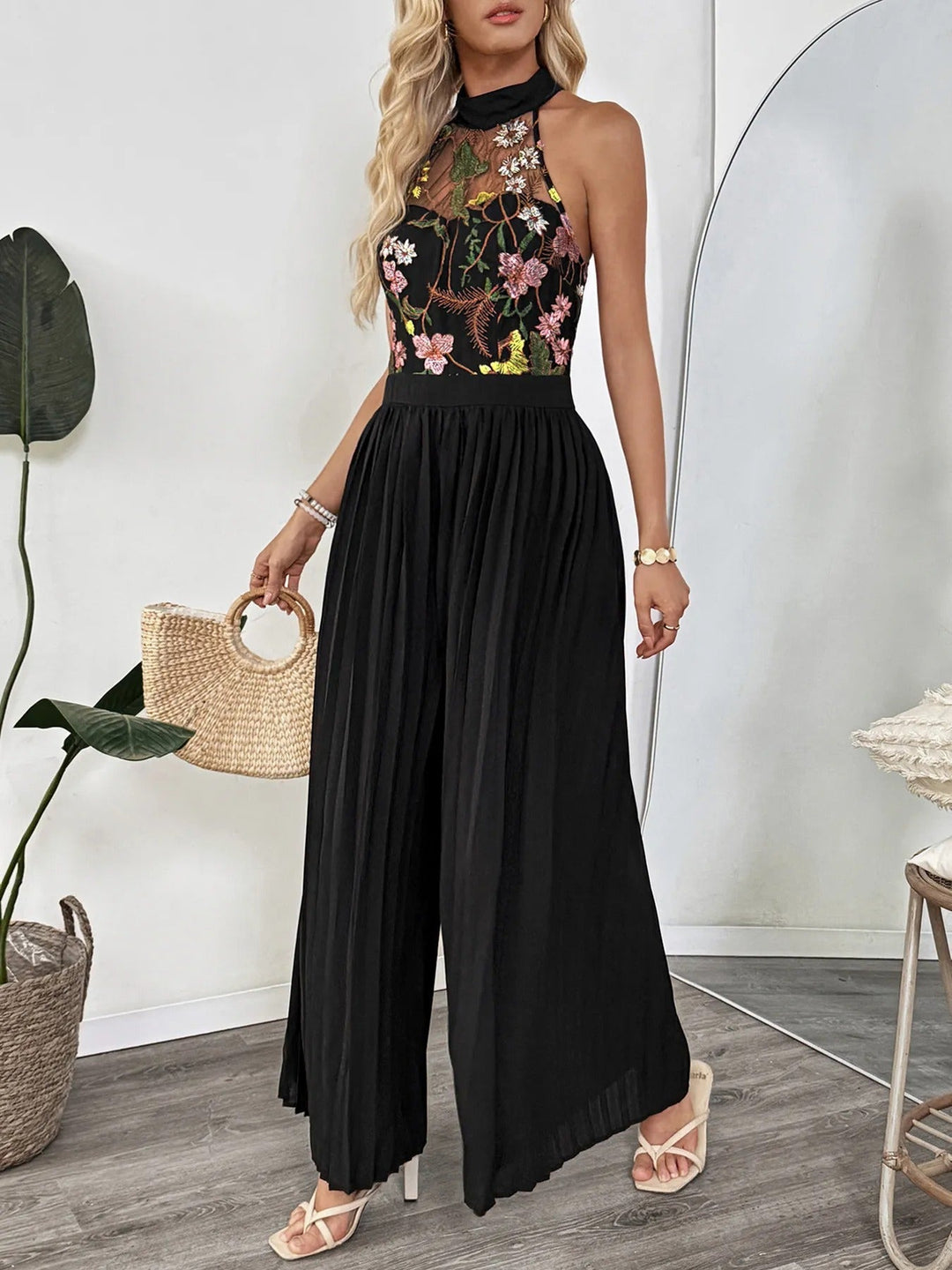 Mono para mujer con encaje bordado floral estilo palazzo - Irma