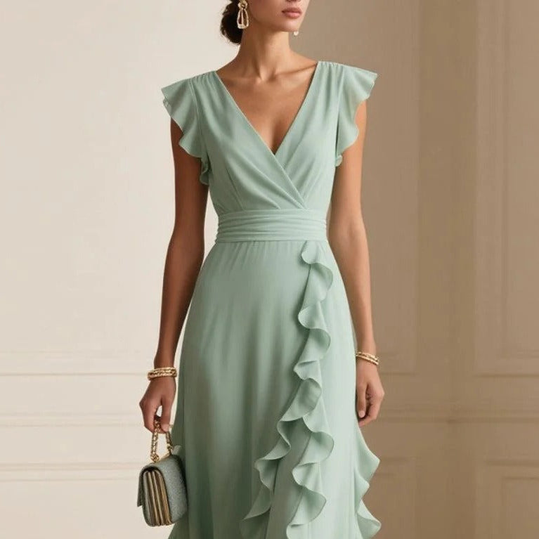 Vestido mujer largo escote V volantes elegante estilo fiesta verano - Isolda