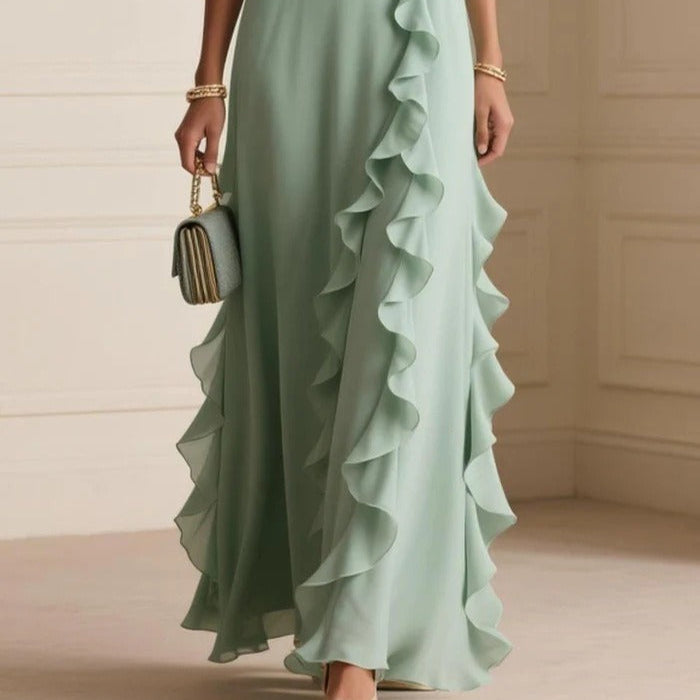 Vestido mujer largo escote V volantes elegante estilo fiesta verano - Isolda
