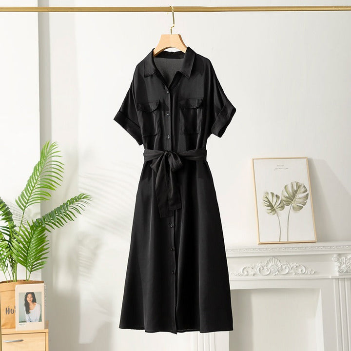 Vestido midi para mujer satinado con cinturón estilo camisero - Gabriela
