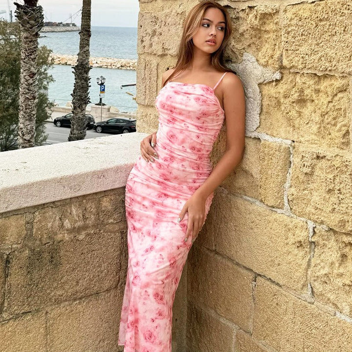 Vestido largo para mujer entallado estampado floral con tirantes finos - Nery