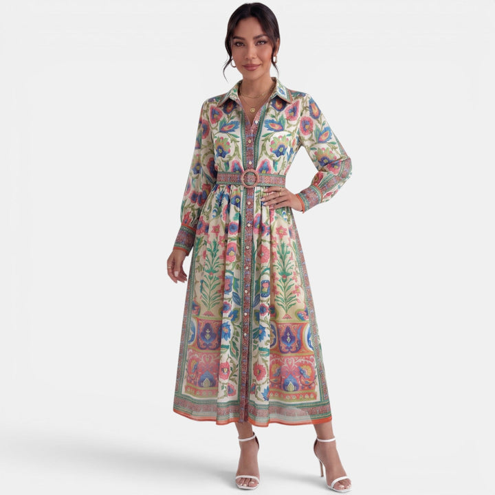 Vestido Midi Cuello Botones Estampado