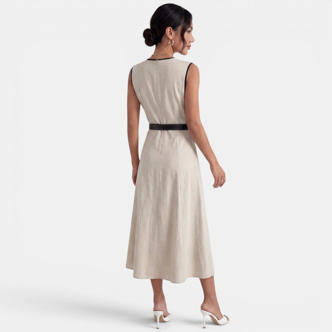 Vestido Midi Beige Elegante Cinturón