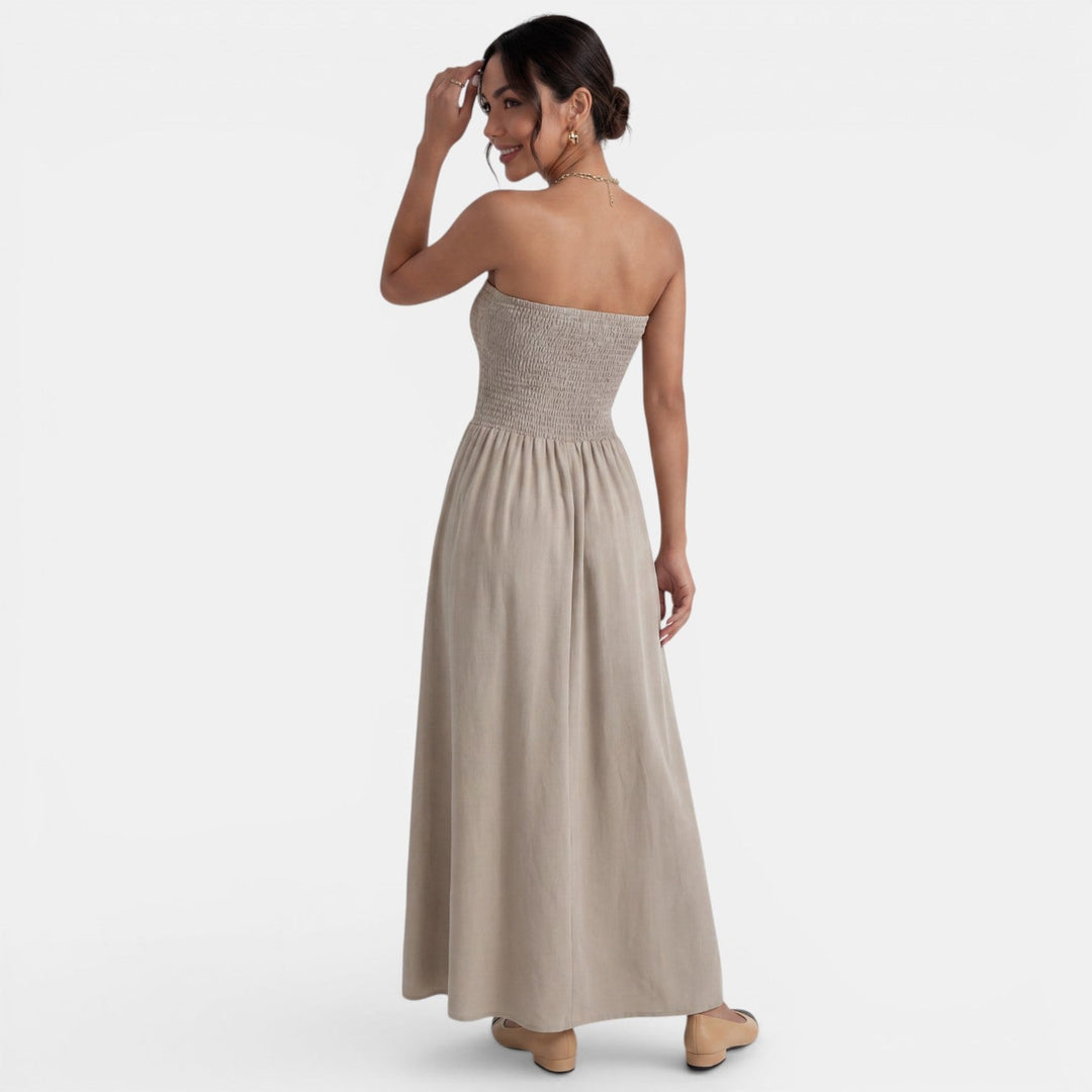 Vestido Largo Palabra de Honor Caqui