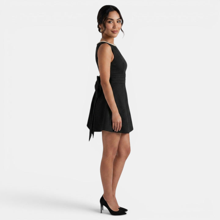 Vestido Corto Mujer Verano Lazo Grande y Perlas