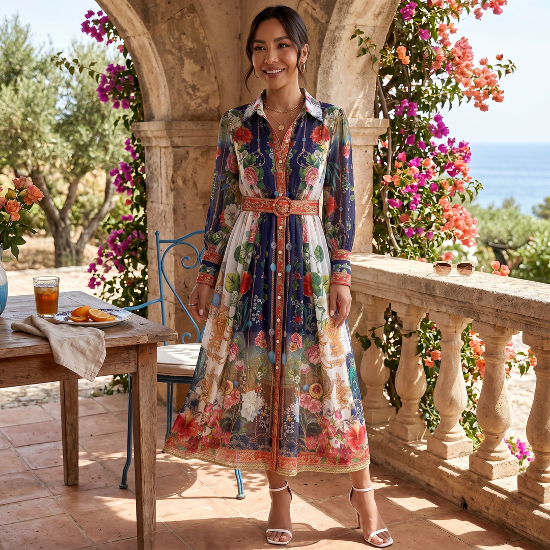 Vestido Midi Cuello Botones Estampado