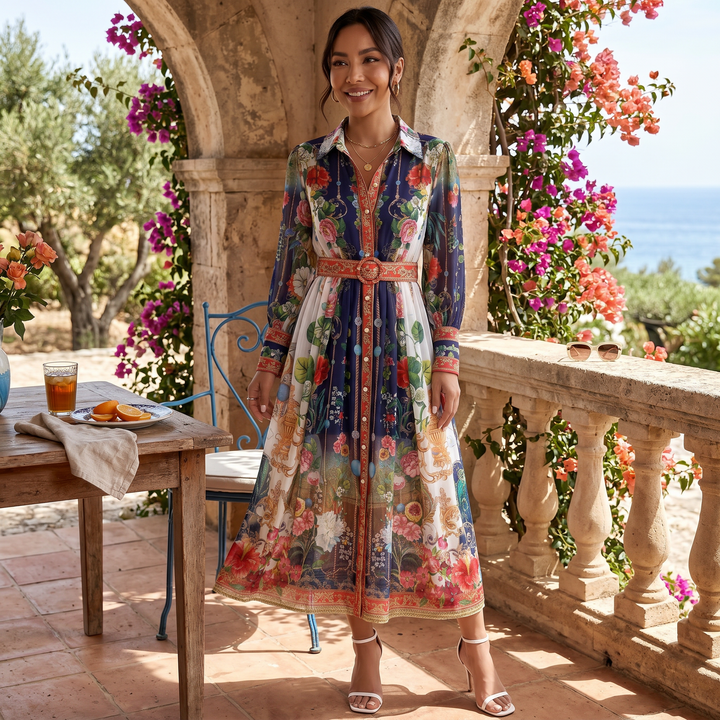 Vestido Midi Cuello Botones Estampado