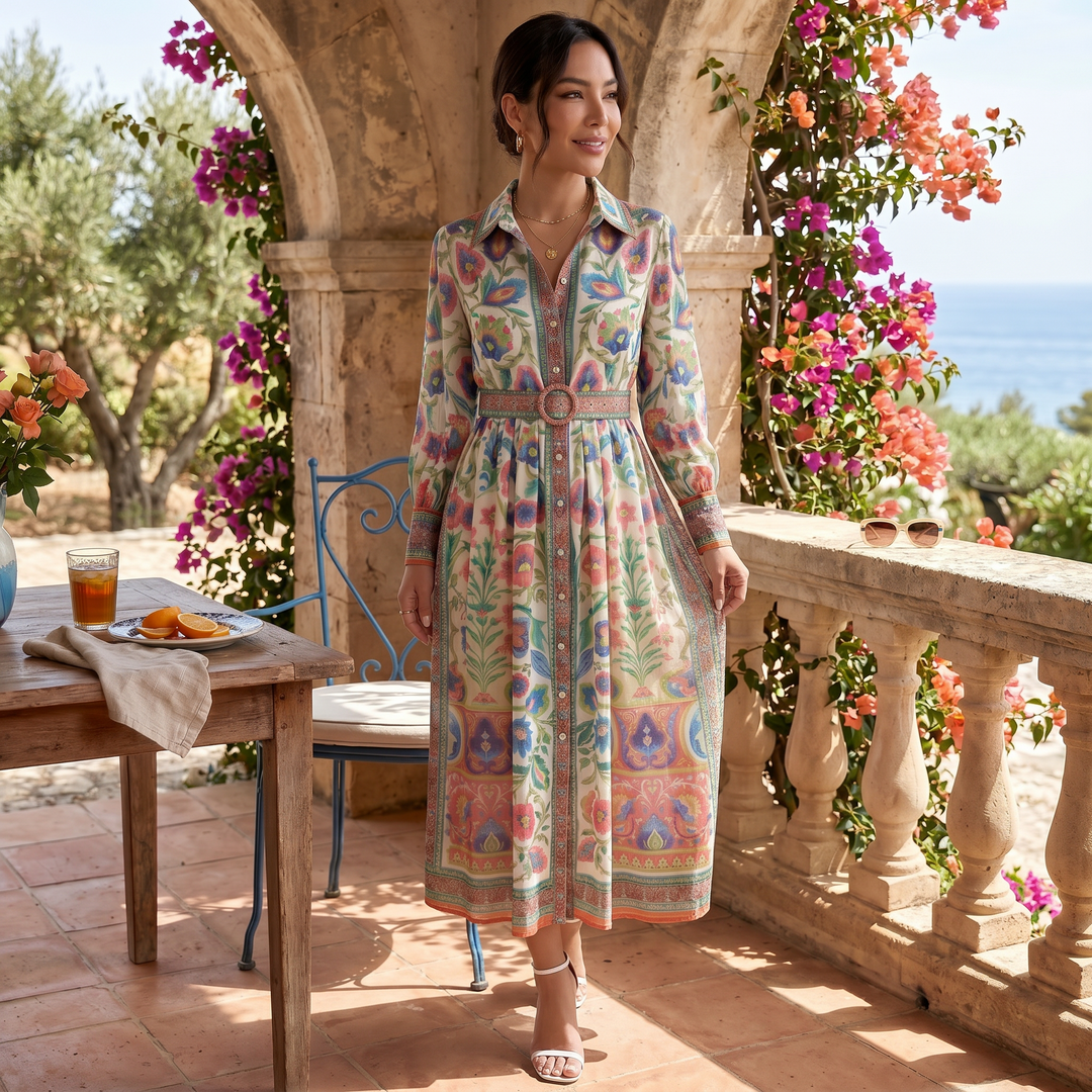 Vestido Midi Cuello Botones Estampado
