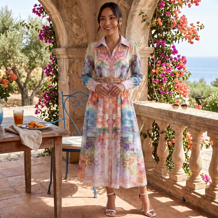 Vestido Midi Cuello Botones Estampado