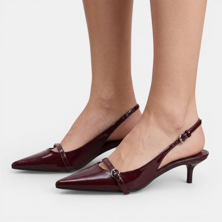 Mules Slingback Tacón Rojo Vino