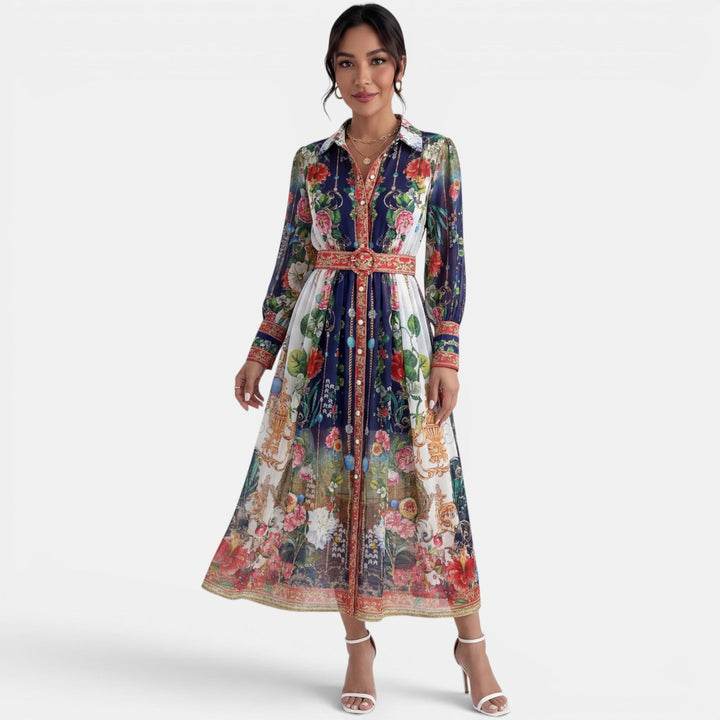 Vestido Midi Cuello Botones Estampado