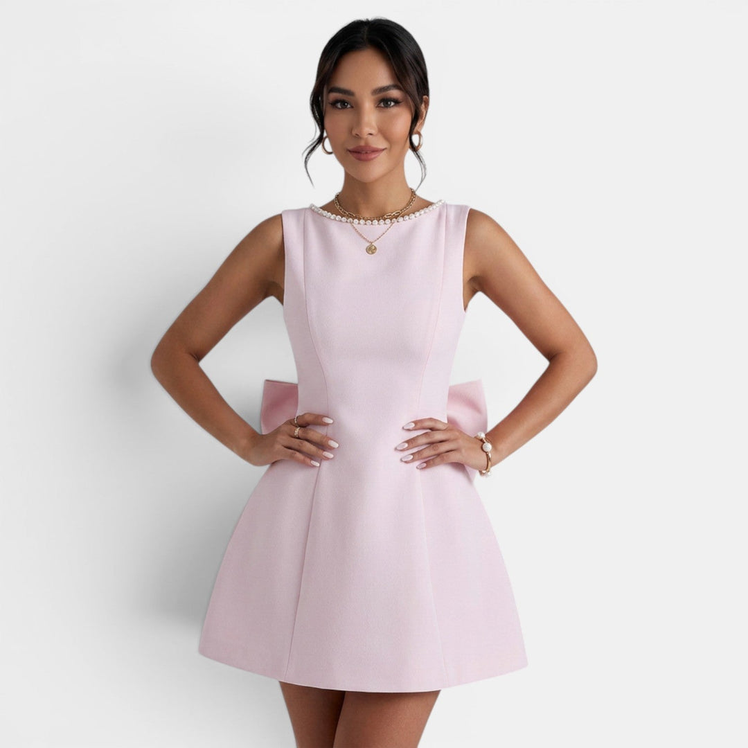 Vestido Corto Mujer Verano Lazo Grande y Perlas