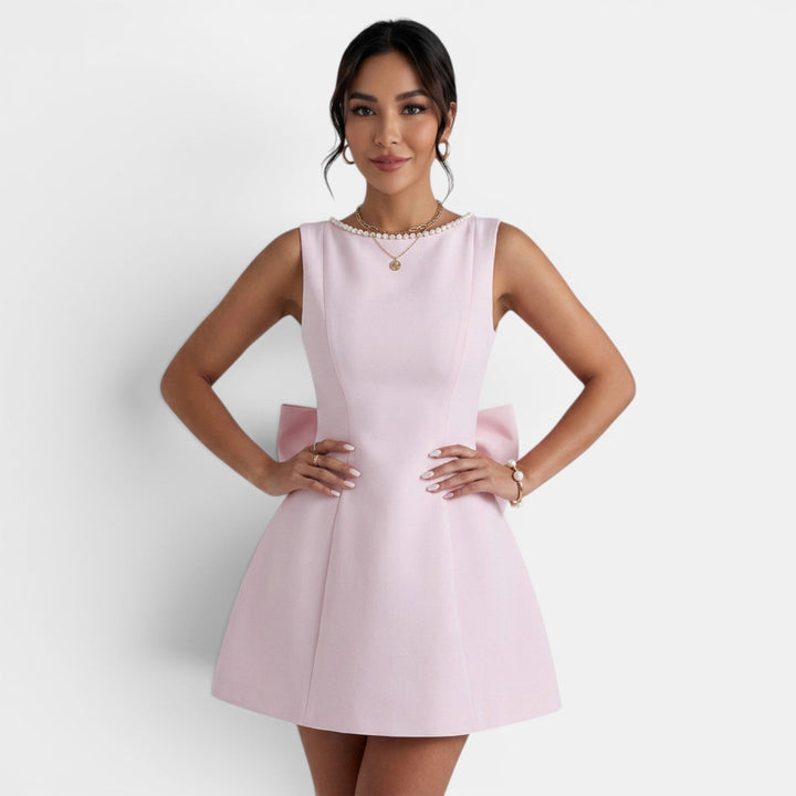 Vestido Corto Mujer Verano Lazo Grande y Perlas