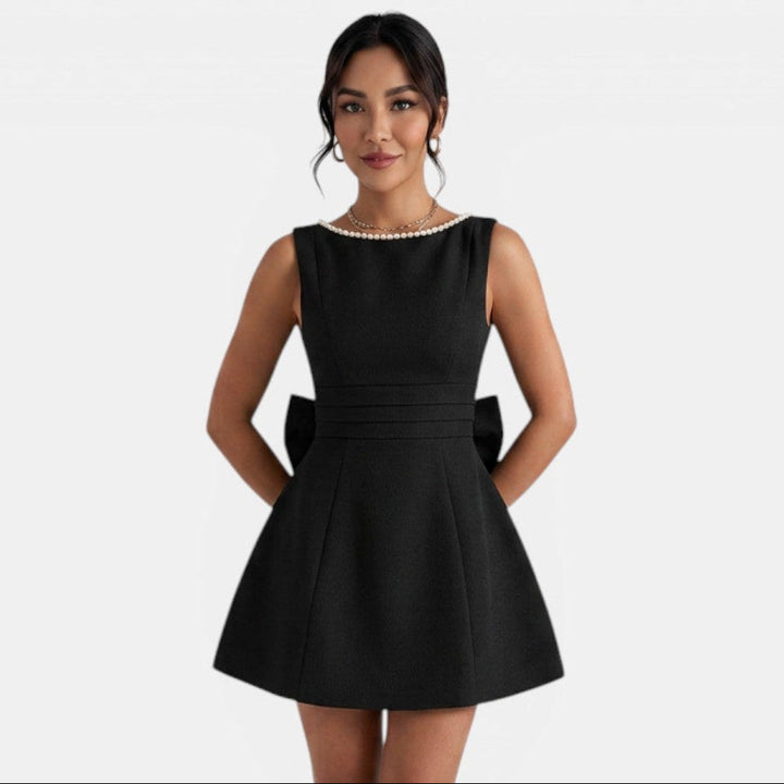 Vestido Corto Mujer Verano Lazo Grande y Perlas