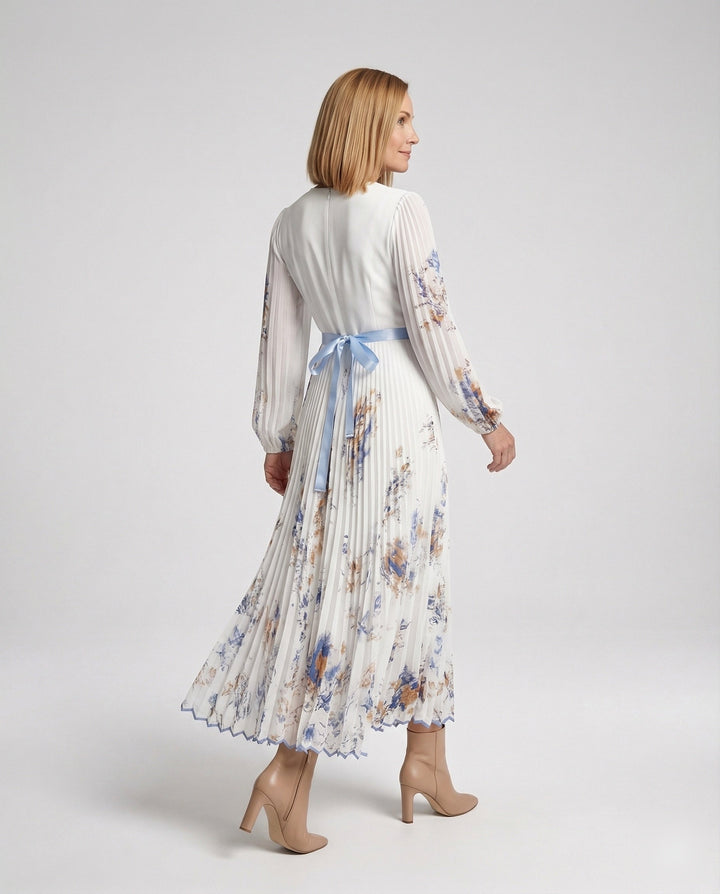 Vestido maxi plisado con manga larga y escote cruzado para mujer - Alwine
