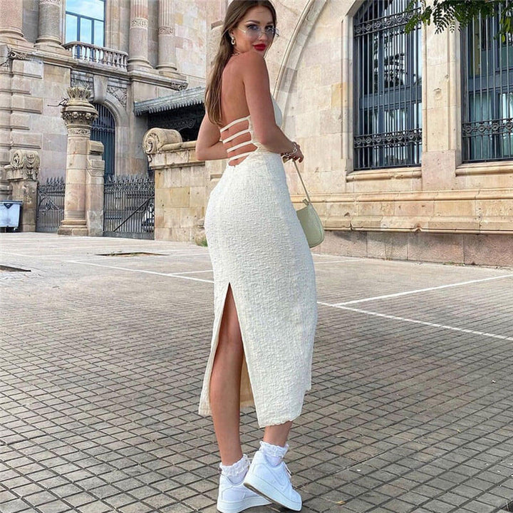 Maya - Vestido midi con escote halter y aberturas texturizadas
